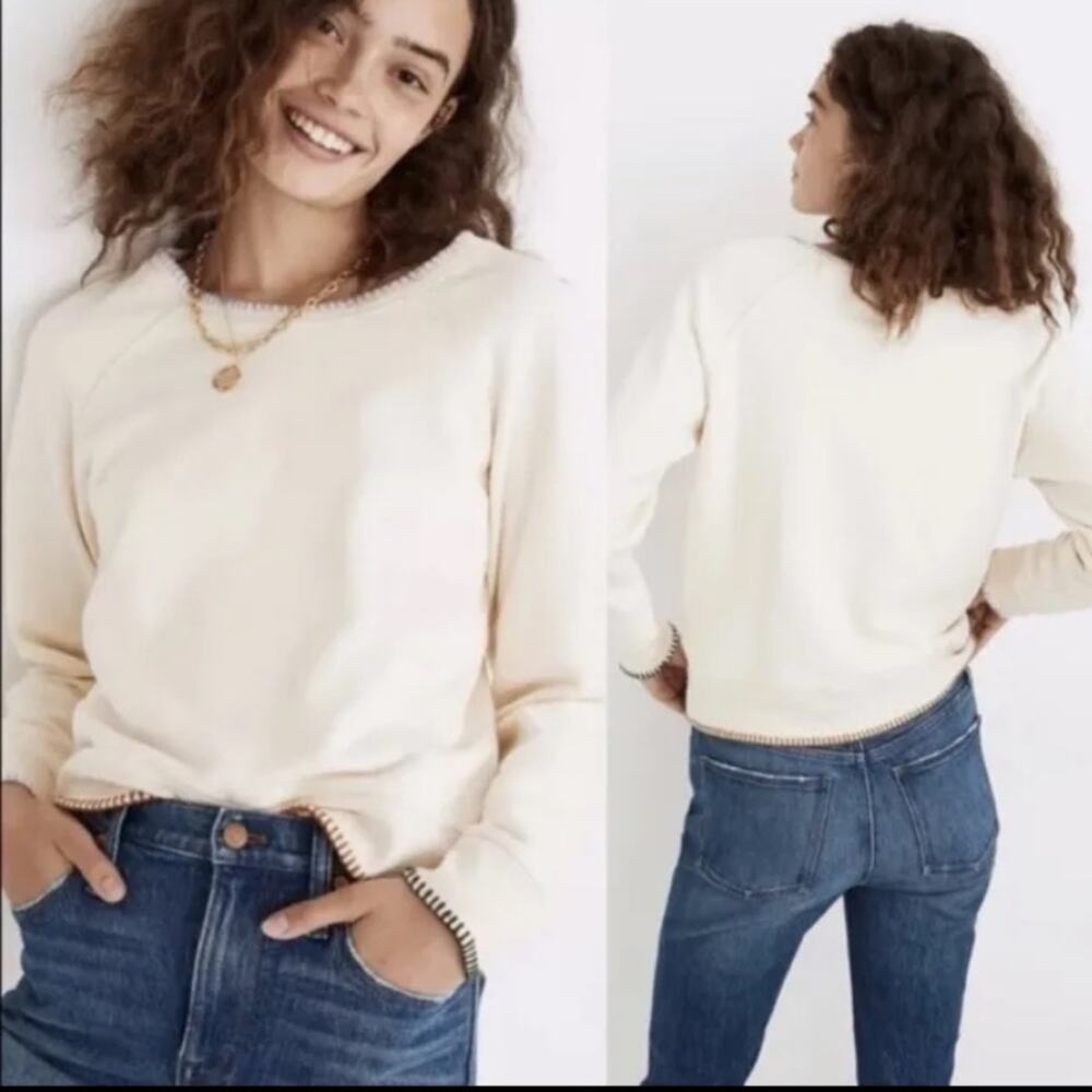 Madewell Cream Embroidered Blanket Stitched Shrunken Sweatshirt Size Small